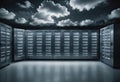 Cloud computing background with server racks and digital data streams Royalty Free Stock Photo