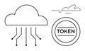 Cloud Computing with Blockchain Token in Minimalist Line Art Royalty Free Stock Photo