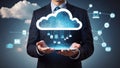 Cloud Computing. Businessman hold cloud computing network connecting icon to represent solutions for businesses, facilitating data Royalty Free Stock Photo