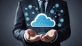 Cloud Computing. Businessman hold cloud computing network connecting icon to represent solutions for businesses, facilitating data Royalty Free Stock Photo
