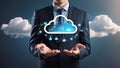 Cloud Computing. Businessman hold cloud computing network connecting icon to represent solutions for businesses, facilitating data Royalty Free Stock Photo