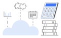 Cloud Computing with Calendar, Puzzle, Calculator, Graph, and Data Stacks Elements Royalty Free Stock Photo