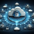 Cloud computing concept, blockchain, cyber security, locked, cloud computing diagram, network data storage, technology Royalty Free Stock Photo
