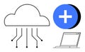 Cloud Computing Concept with Digital Connection Lines, Plus Icon, and Laptop Outline for Technology and Communication Royalty Free Stock Photo