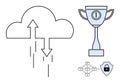 Cloud Computing with Data Transfer, Blockchain, Cybersecurity, and Achievement Trophy Concept Royalty Free Stock Photo