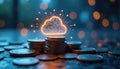 Cloud computing concept with coins under digital cloud, connected dots. Money savings, cost efficiency, optimization, budget Royalty Free Stock Photo