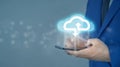 Cloud computing concept - connect smart phone to cloud. Businessman or information technologist with cloud computing icon