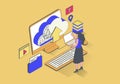 Cloud computing concept in 3d isometric design. Woman works with data processing, sync, uploading and downloading information