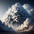 Cloud computing concept with data center made of cubes and light rays falling down Royalty Free Stock Photo