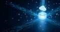Cloud computing concept with data streams and digital cube in blue glowing network Royalty Free Stock Photo
