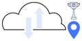 Cloud Computing Concept with Data Transfer Arrows, Geolocation Pointer, and Trophy Symbol Royalty Free Stock Photo