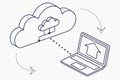 Cloud computing concept with data transfer between a laptop and a cloud storage service illustrated in a simple design Royalty Free Stock Photo
