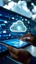 Cloud computing concept with data transfer represented on a digital display and tablet screen Royalty Free Stock Photo