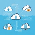 Cloud computing concept with data transfer, storage, and security elements Royalty Free Stock Photo