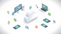 A cloud computing concept with devices and icons connected to a central cloud Royalty Free Stock Photo