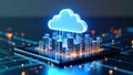 Cloud computing concept with digital city and tablet, data transfer Royalty Free Stock Photo