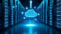 Cloud computing concept with digital data flow in a modern server room, representing global network infrastructure Royalty Free Stock Photo