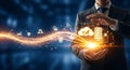 Cloud Computing Data Business: Businessman Holding Glowing Digital Network Royalty Free Stock Photo