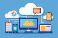 Cloud computing concept featuring colorful graphics of computer monitors, laptops, and smartphones connected through a network on Royalty Free Stock Photo