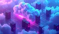 Cloud computing concept featuring data server towers floating among stylized purple and blue clouds with digital light paths Royalty Free Stock Photo