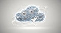 Cloud computing concept with gears and paper airplanes symbolizing data flow online Royalty Free Stock Photo