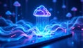 Cloud computing concept with glowing data streams connecting to a digital platform. futuristic technological network Royalty Free Stock Photo