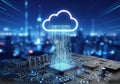 A cloud computing concept with a glowing cloud over a circuit board Royalty Free Stock Photo