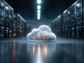Cloud computing concept with glowing cloud shape in data center aisle with server racks and atmospheric lighting Royalty Free Stock Photo