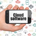 Cloud computing concept: Hand Holding Smartphone with Cloud Software on display Royalty Free Stock Photo