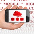 Cloud computing concept: Hand Holding Smartphone with Cloud Network on display Royalty Free Stock Photo