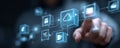 Cloud computing concept with hand pointing at digital interface, futuristic technology and data connection visualization Royalty Free Stock Photo