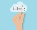 Cloud computing concept, hand pushes big flat cloud Royalty Free Stock Photo