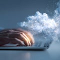 Cloud Computing Concept with Hand Using Laptop Showing Digital Data Transfer and Futuristic Technology Visualization Royalty Free Stock Photo