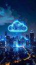 Cloud Computing Concept: Illuminated Cloud and Cityscape at Night Royalty Free Stock Photo