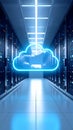 Cloud computing concept with illuminated cloud symbol in data center server room Royalty Free Stock Photo
