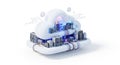 Cloud computing concept with interconnected data centers and security icons in 3D illustration Royalty Free Stock Photo
