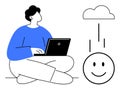 Cloud Computing Concept with Person Using Laptop and happy Face Cloud Symbol in Minimalist Style Royalty Free Stock Photo