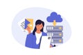 Cloud computing concept in modern flat design for web. Woman using database service and processing data, downloading