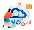 Cloud computing concept in modern flat design. Woman works at laptop and uses cloud technologies to store and process data. Server Royalty Free Stock Photo