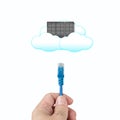 Cloud computing concept, officeman hold cable connect to clouds Royalty Free Stock Photo