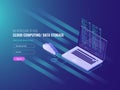 Cloud computing concept, open laptop with cloud icon and program code on scree, data storage, IT isometric 3d Royalty Free Stock Photo
