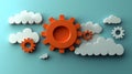 Cloud Computing Concept Orange Gears and White Clouds Against Blue Background Representing Tech Connectivity Royalty Free Stock Photo