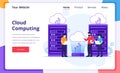 Cloud Computing concept, People working on laptop and server, Digital storage, data center. Modern flat landing page design for
