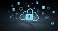 Cloud computing concept with a prominent cloud shape, featuring a central lock Royalty Free Stock Photo