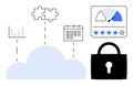 Cloud Computing Concept with Security Lock, Analytics, Puzzle Pieces, and Performance Metrics Royalty Free Stock Photo