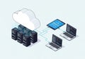 Cloud computing concept with servers and laptops connected via a tablet Royalty Free Stock Photo