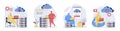 Cloud computing concept set in flat design for web. Collection with people using cloud processing, making sync and data Royalty Free Stock Photo