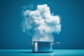 Cloud computing concept showing a cloud rising from a cooking pot on a blue background Royalty Free Stock Photo