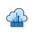 Cloud computing concept showing data upload and transfer with server infrastructure and rising arrows graphic. Royalty Free Stock Photo