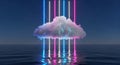 Cloud Computing Neon Lights over Water. Futuristic Digital Network Concept Background with Copy Space. Royalty Free Stock Photo